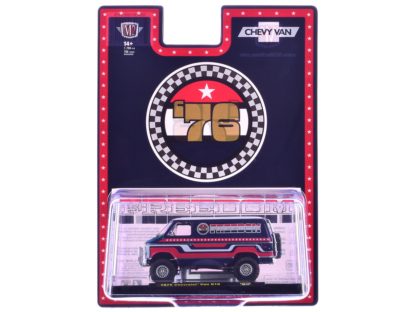 1976 Chevrolet G10 Van "Freedom '76" Dark Blue with White Top and Red and White Graphics Limited Edition to 7766 pieces 1/64 T&y Diecast Model Car by M2 Machines