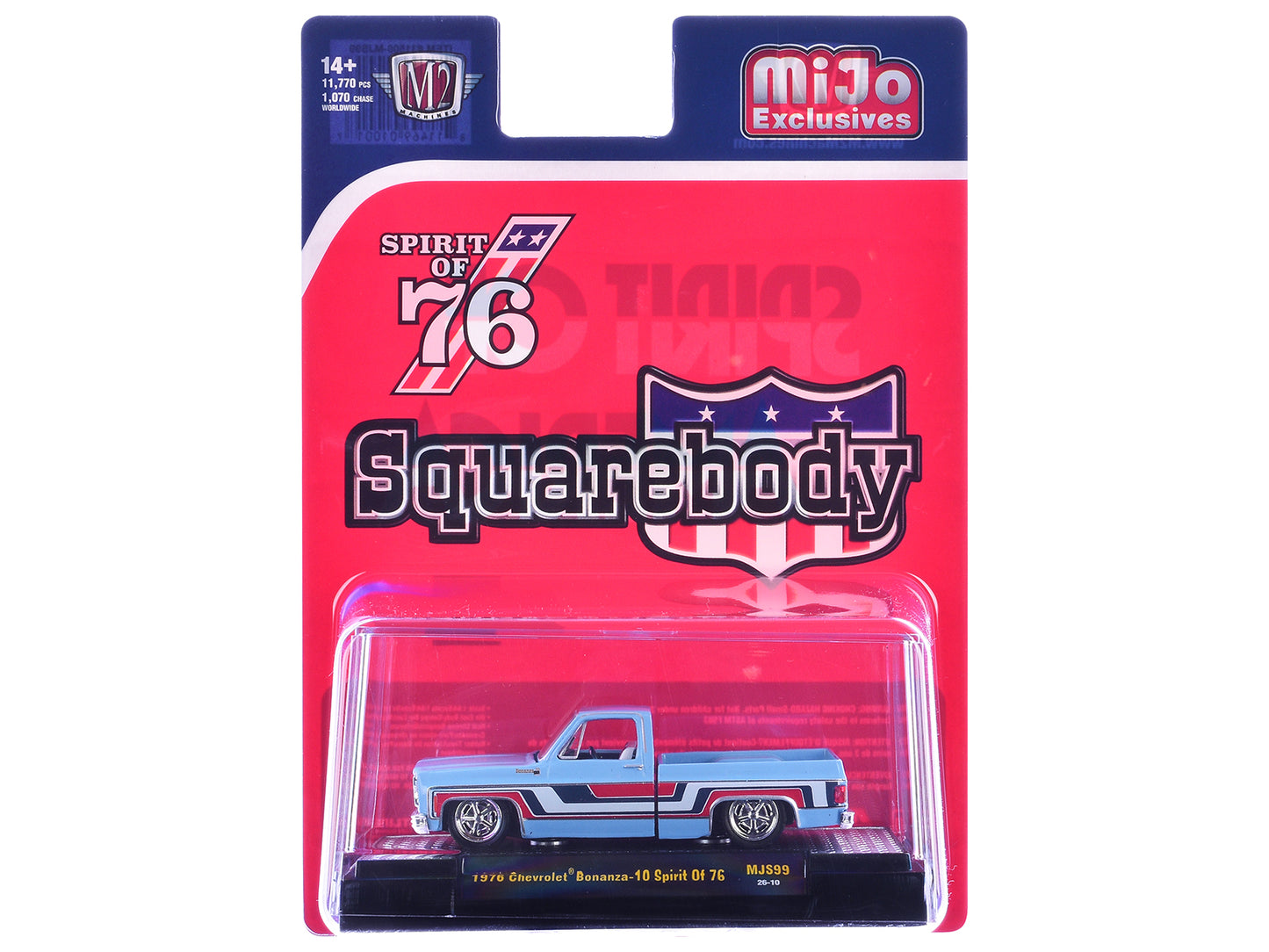 1976 Chevrolet Silverado Bonanza-10 Pickup Truck "Spirit of '76" Light Blue with Red White and Blue Graphics Limited Edition to 11770 pieces Worldwide 1/64 Diecast Model Car by M2 Machines