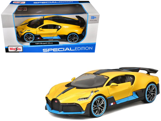 Bugatti Divo Yellow Metallic with Carbon and Blue Accents "Special Edition" 1/24 T&y Diecast Model Car by Maisto