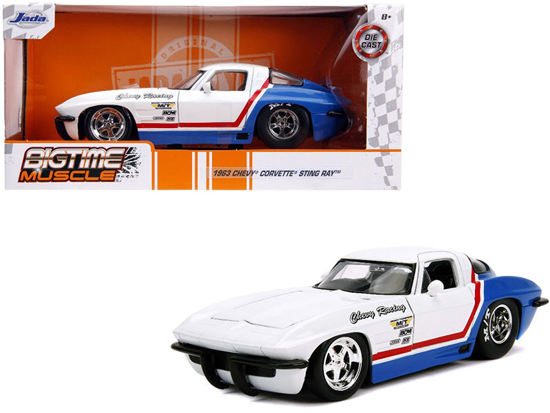 1963 Chevrolet Corvette Stingray White and Blue with Red Stripe "Chevy Racing" "Bigtime Muscle" 1/24 Diecast Model Car by Jada <h2>1963 Jada</h2> <p>High-quality perfect for collectors enthusiasts. Fe