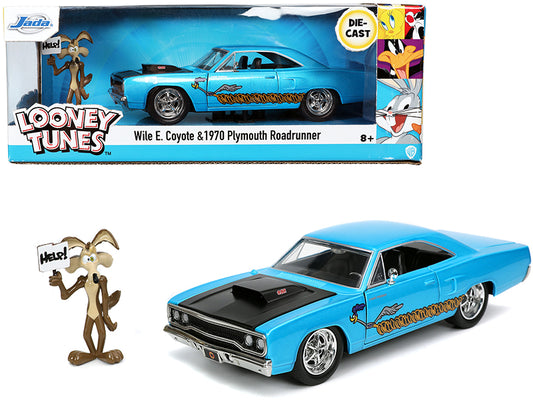 1970 Plymouth 440-6BBL RoadRunner Light Blue Metallic with Black Hood and Wile E. Coyote Diecast Figurine "Looney Tunes" 1/24 Model Car by Jada <h2>1970 Jada</h2> <p>High-quality perfect for collector