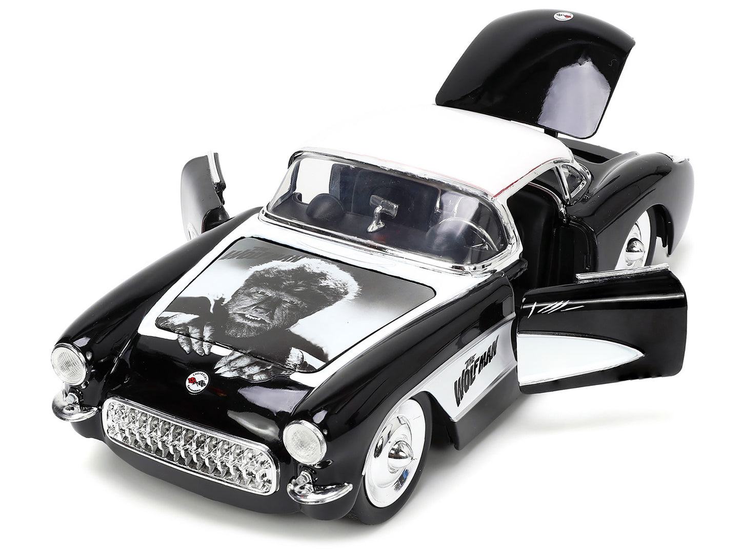 1957 Chevrolet Corvette Black with White Top and Wolfman Diecast Figure "Universal Monsters" "Hollywood Rides" Series 1/24 Model Car by Jada <h2>1957 Jada</h2> <p>High-quality perfect for collectors e