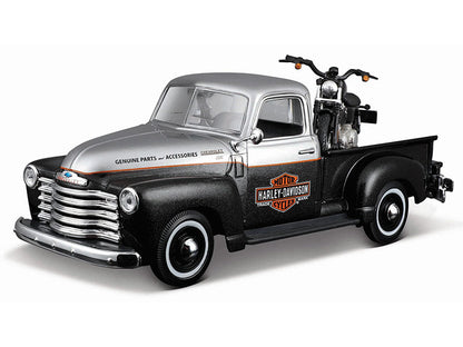 1950 Chevrolet 3100 Pickup Truck "Harley Davidson" Silver Metallic and Black with 1948 Harley Davidson FL Panhead Motorcycle Black "HD Custom" Series 1/24 Diecast Models by Maisto
