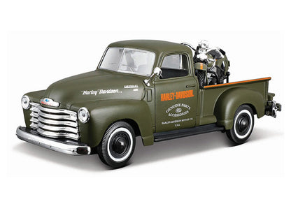 1950 Chevrolet 3100 Pickup Truck "Harley Davidson" Matt Green with 1936 Harley Davidson El Knucklehead Motorcycle Matt Green "HD Custom" Series 1/24 T&y Diecast Model Car by Maisto