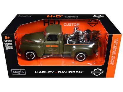 1950 Chevrolet 3100 Pickup Truck "Harley Davidson" Matt Green with 1936 Harley Davidson El Knucklehead Motorcycle Matt Green "HD Custom" Series 1/24 T&y Diecast Model Car by Maisto