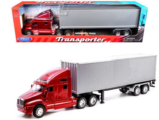 Kenworth T2000 Truck Red Metallic with Gray Container "Transporter" Series 1/32 T&y Diecast Model by Welly