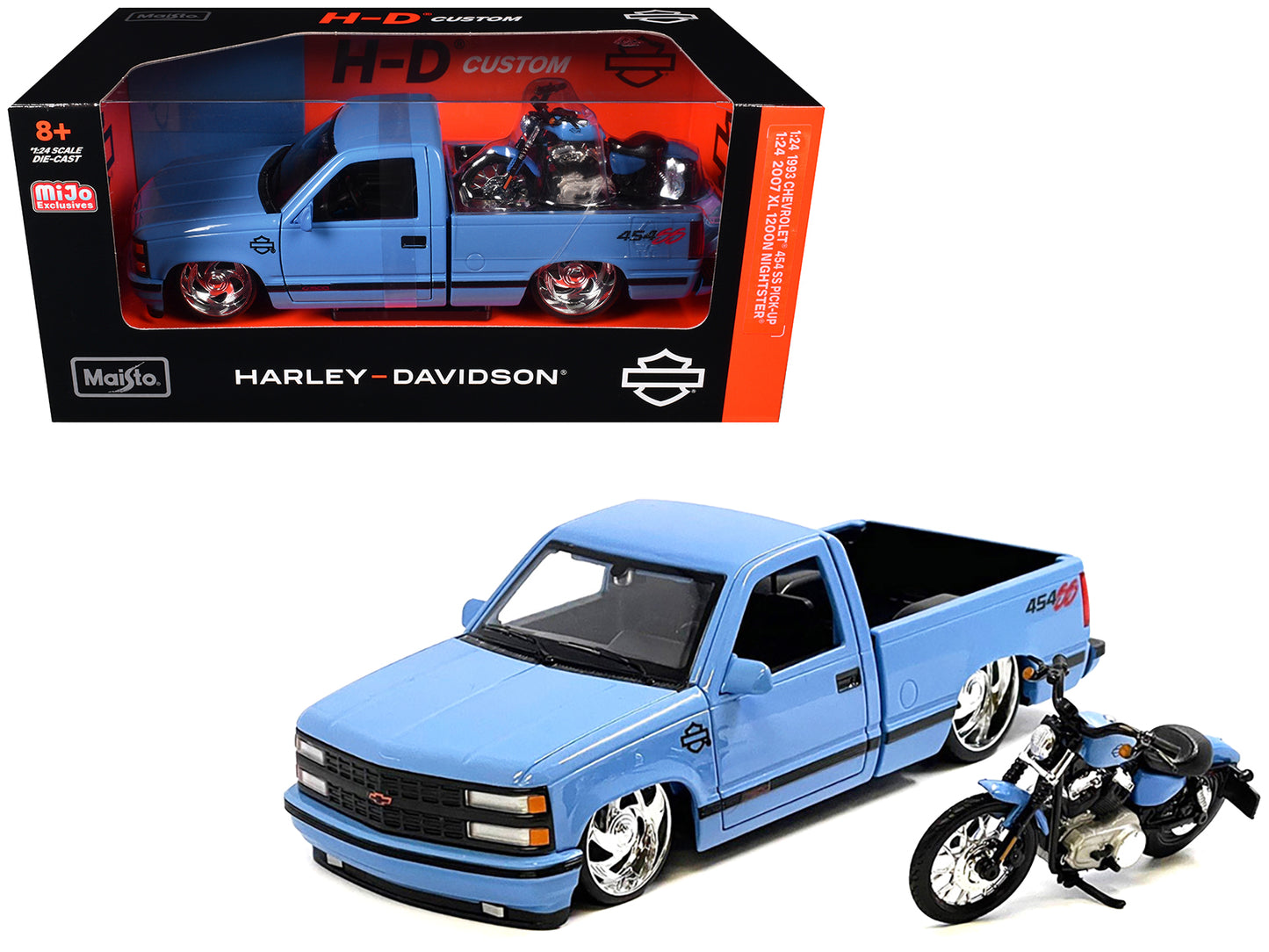 Maisto 1993 Chevrolet 454 SS Pickup Truck "Harley Davidson" Light Blue and 2007 Harley-Davidson XL 1200N Nightster Motorcycle "H-D Custom" Series 1/24 Diecast Model Car by <h2>1993 Maisto</h2> <p>High