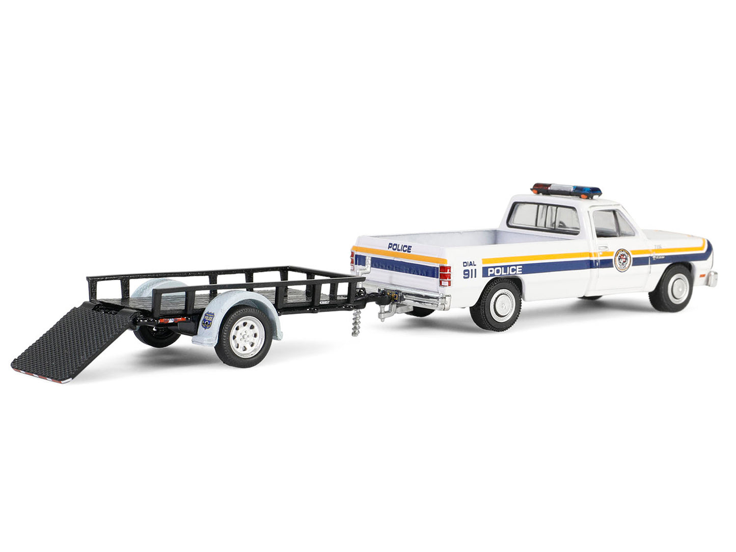 GreenLight 1990 Dodge Ram D250 Pickup Truck "Philadelphia PA Police Department" White with Stripes and Utility Trailer "Hot Pursuit Hitch & Tow" Series 1 1/64 Diecast Model Cars by <h2>1990 Greenlight