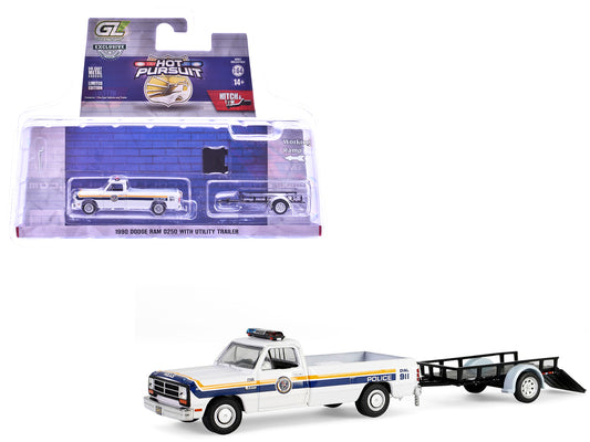 1990 Dodge Ram D250 Pickup Truck "Philadelphia PA Police Department" White with Stripes and Utility Trailer "Hot Pursuit Hitch & Tow" Series 1 1/64 T&y Diecast Model Cars by Greenlight