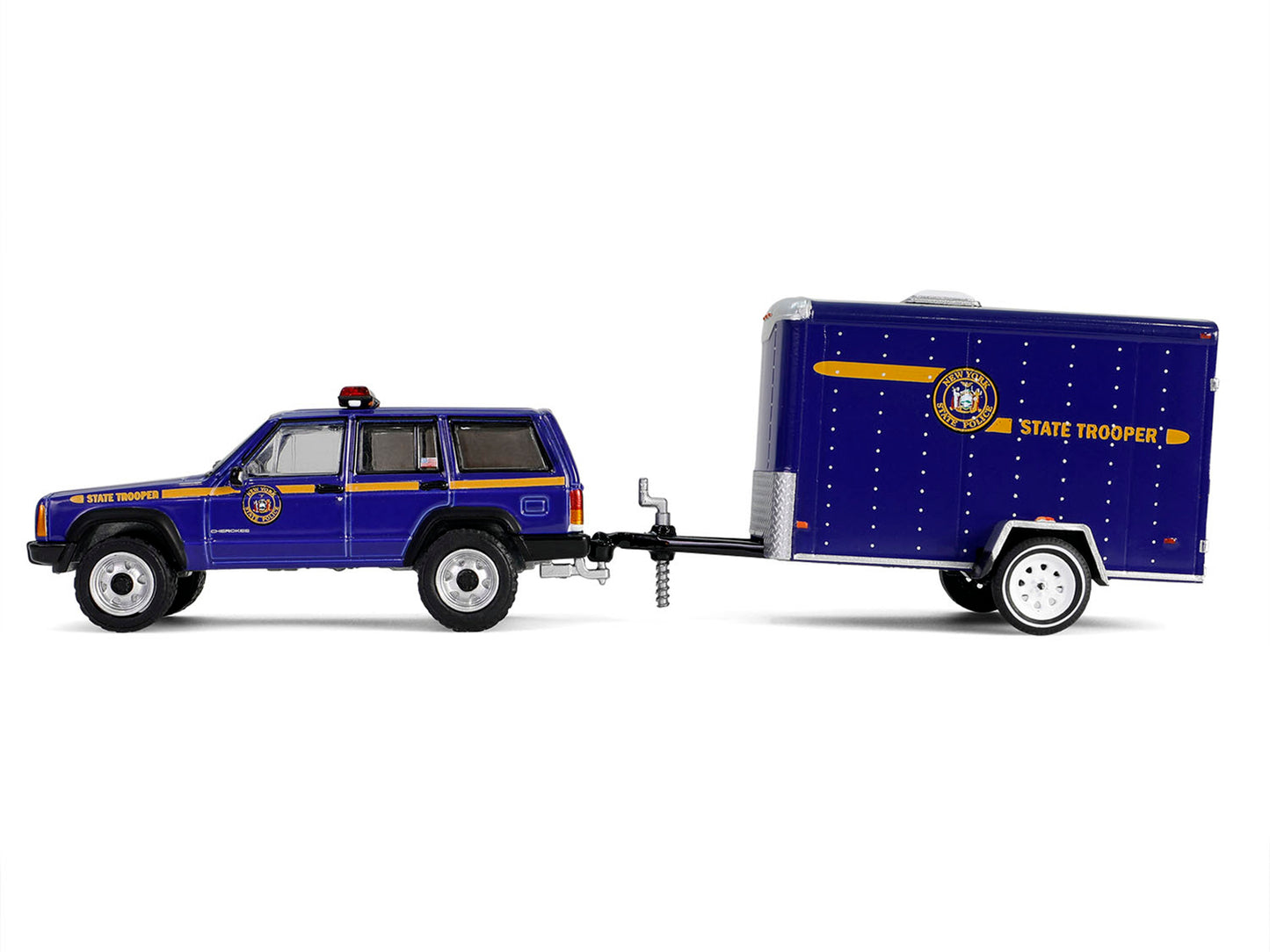 GreenLight 2001 Jeep Cherokee "New York State Police" Blue with Yellow Stripes and Small Cargo Trailer "Hot Pursuit Hitch & Tow" Series 1 1/64 Diecast Model Cars by <h2>2001 Greenlight</h2> <p>High-qu