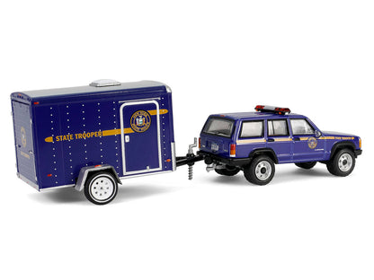 GreenLight 2001 Jeep Cherokee "New York State Police" Blue with Yellow Stripes and Small Cargo Trailer "Hot Pursuit Hitch & Tow" Series 1 1/64 Diecast Model Cars by <h2>2001 Greenlight</h2> <p>High-qu