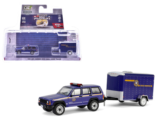2001 Jeep Cherokee "New York State Police" Blue with Yellow Stripes and Small Cargo Trailer "Hot Pursuit Hitch & Tow" Series 1 1/64 T&y Diecast Model Cars by Greenlight