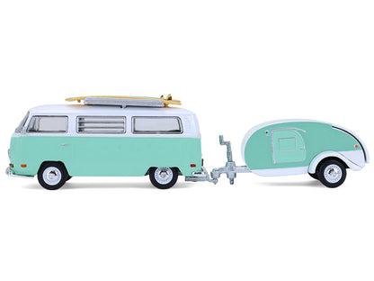 GreenLight 1971 Volkswagen Type 2 Van Seafoam Green and White with Surfboards Teardrop Trailer "Hitch & Tow" Series 33 1/64 Diecast Model Cars by <h2>1971 Greenlight</h2> <p>High-quality car perfect f