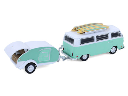 GreenLight 1971 Volkswagen Type 2 Van Seafoam Green and White with Surfboards Teardrop Trailer "Hitch & Tow" Series 33 1/64 Diecast Model Cars by <h2>1971 Greenlight</h2> <p>High-quality car perfect f