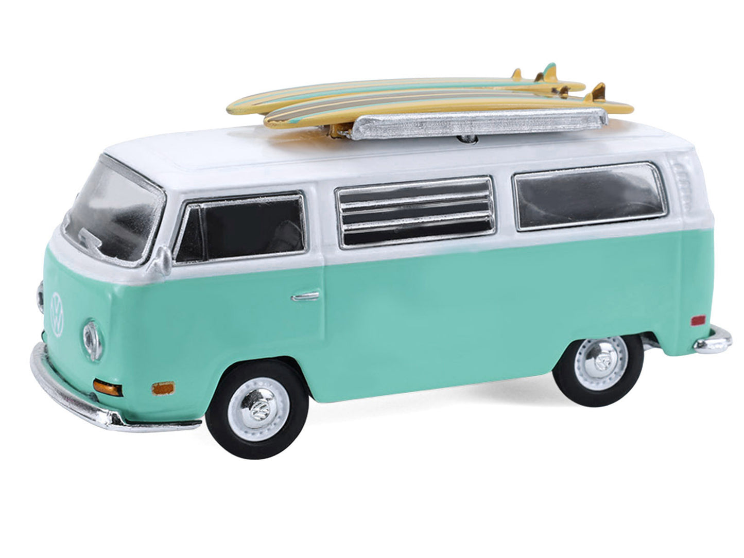 GreenLight 1971 Volkswagen Type 2 Van Seafoam Green and White with Surfboards Teardrop Trailer "Hitch & Tow" Series 33 1/64 Diecast Model Cars by <h2>1971 Greenlight</h2> <p>High-quality car perfect f