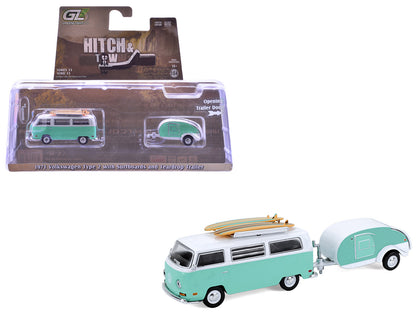 GreenLight 1971 Volkswagen Type 2 Van Seafoam Green and White with Surfboards Teardrop Trailer "Hitch & Tow" Series 33 1/64 Diecast Model Cars by <h2>1971 Greenlight</h2> <p>High-quality car perfect f
