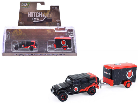 2012 Jeep Wrangler Unlimited "Diablo Sport" Black with Red Graphics and Small Cargo Trailer "Hitch & Tow" Series 33 1/64 T&y Diecast Model Cars by Greenlight
