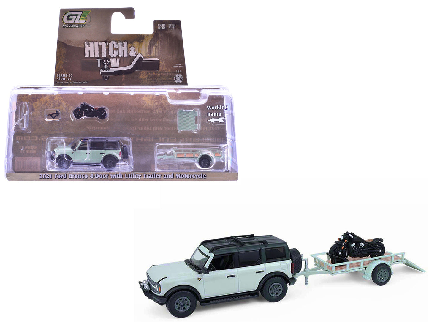 GreenLight 2021 Ford Bronco 4-Door Badlands Cactus Gray with Black Top and Motorcycle Utility Trailer "Hitch & Tow" Series 33 1/64 Diecast Model Cars by <h2>2021 Greenlight</h2> <p>High-quality car pe