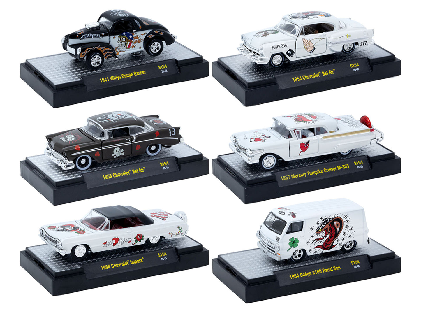 "Auto-Thentics" 6 piece Set Release S154 IN DISPLAY CASES Limited Edition 1/64 T&y Diecast Model Cars by M2 Machines