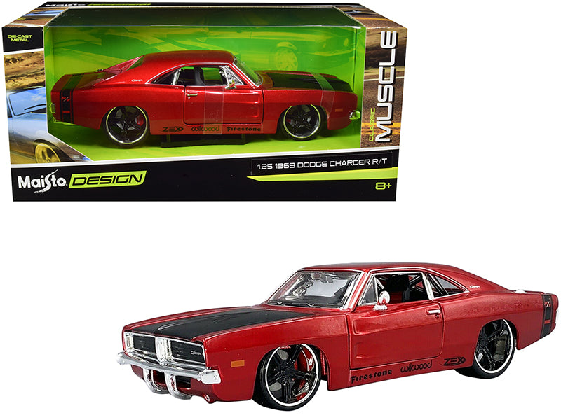 1969 Dodge Charger R/T Red Metallic with Black Hood and Black Stripes "Classic Muscle" 1/25 T&y Diecast Model Car by Maisto