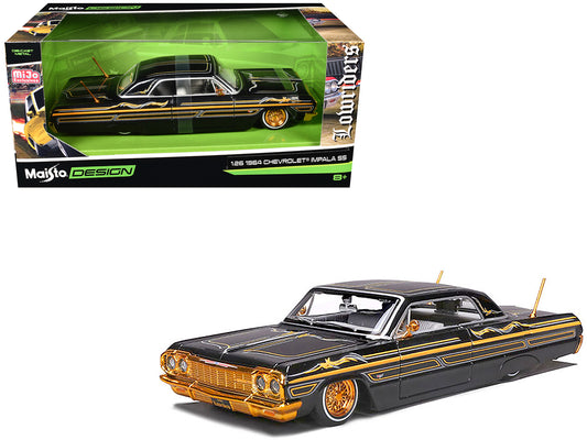 1964 Chevrolet Impala SS Lowrider Black Metallic with Gold Graphics and Gray Interior "Lowriders" "Maisto Design" Series 1/26 T&y Diecast Model Car by Maisto