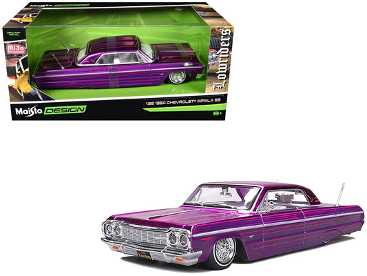 1964 Chevrolet Impala SS Lowrider Candy Purple with Graphics and White Interior "Lowriders" "Maisto Design" Series 1/26 T&y Diecast Model Car by Maisto