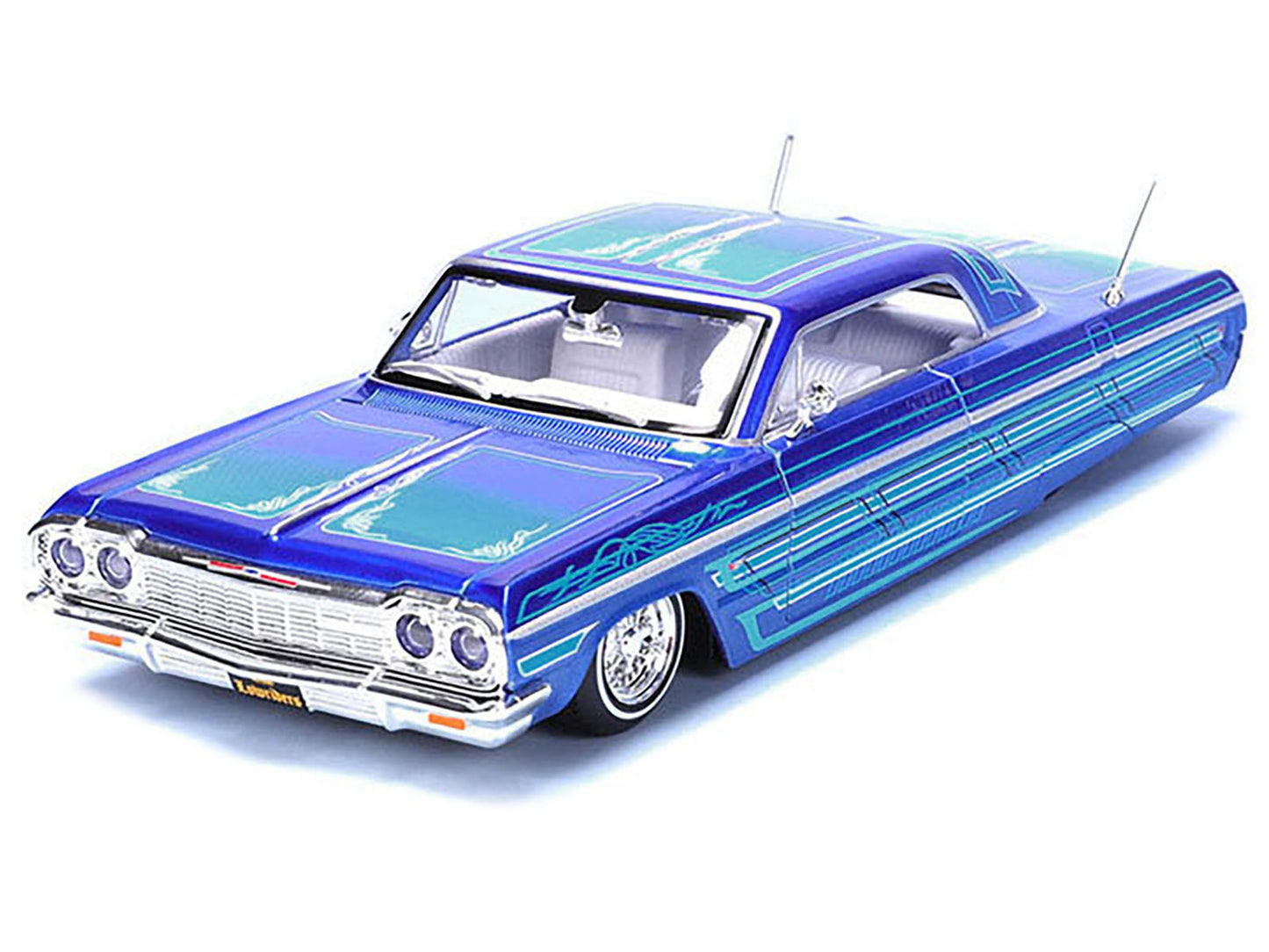 1964 Chevrolet Impala SS Lowrider Candy Blue with Graphics and White Interior "Lowriders" "Maisto Design" Series 1/26 T&y Diecast Model Car by Maisto