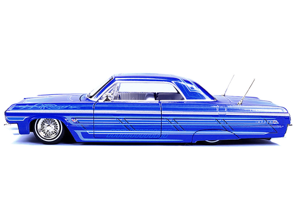 1964 Chevrolet Impala SS Lowrider Candy Blue with Graphics and White Interior "Lowriders" "Maisto Design" Series 1/26 T&y Diecast Model Car by Maisto