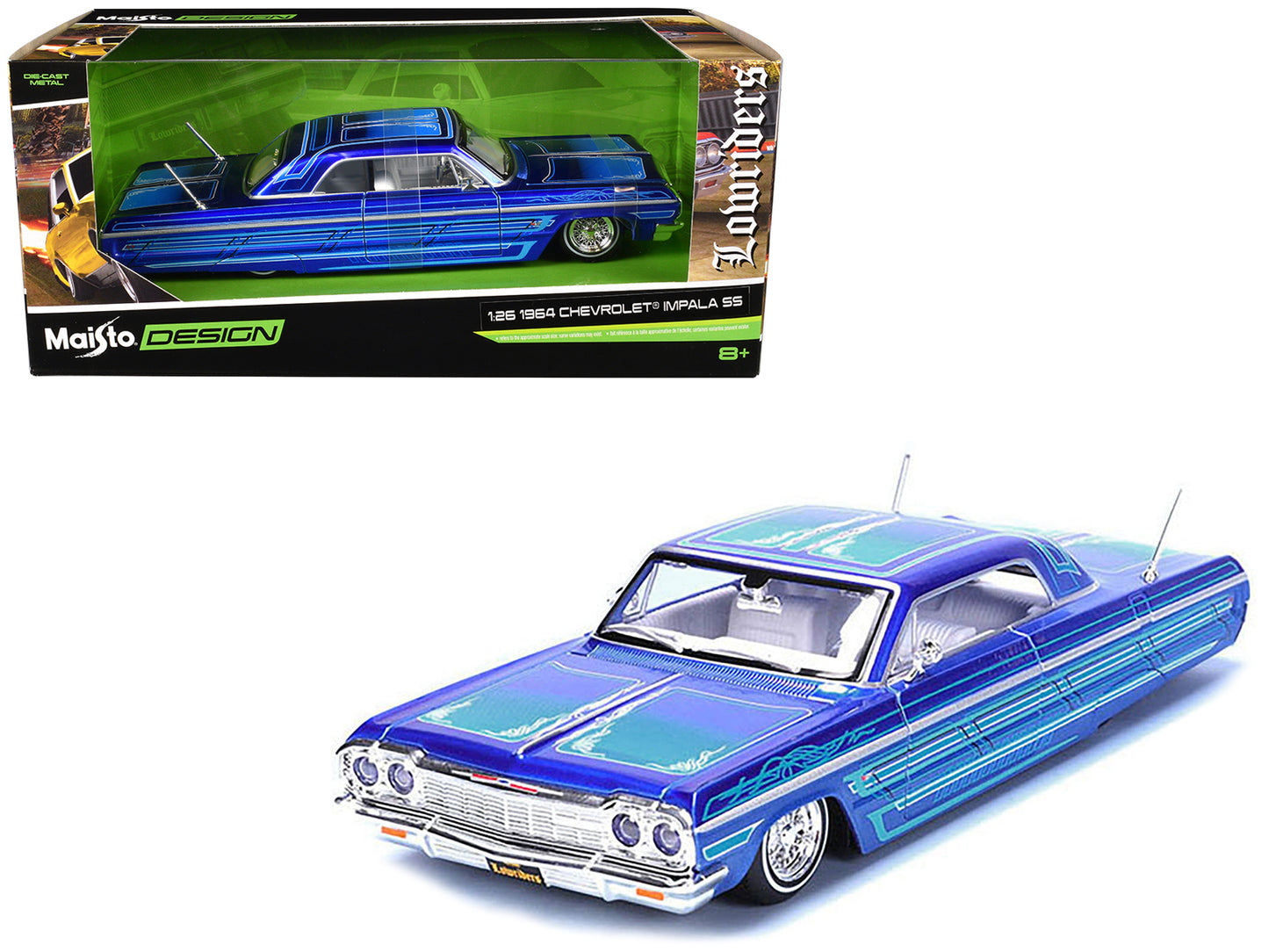 1964 Chevrolet Impala SS Lowrider Candy Blue with Graphics and White Interior "Lowriders" "Maisto Design" Series 1/26 T&y Diecast Model Car by Maisto