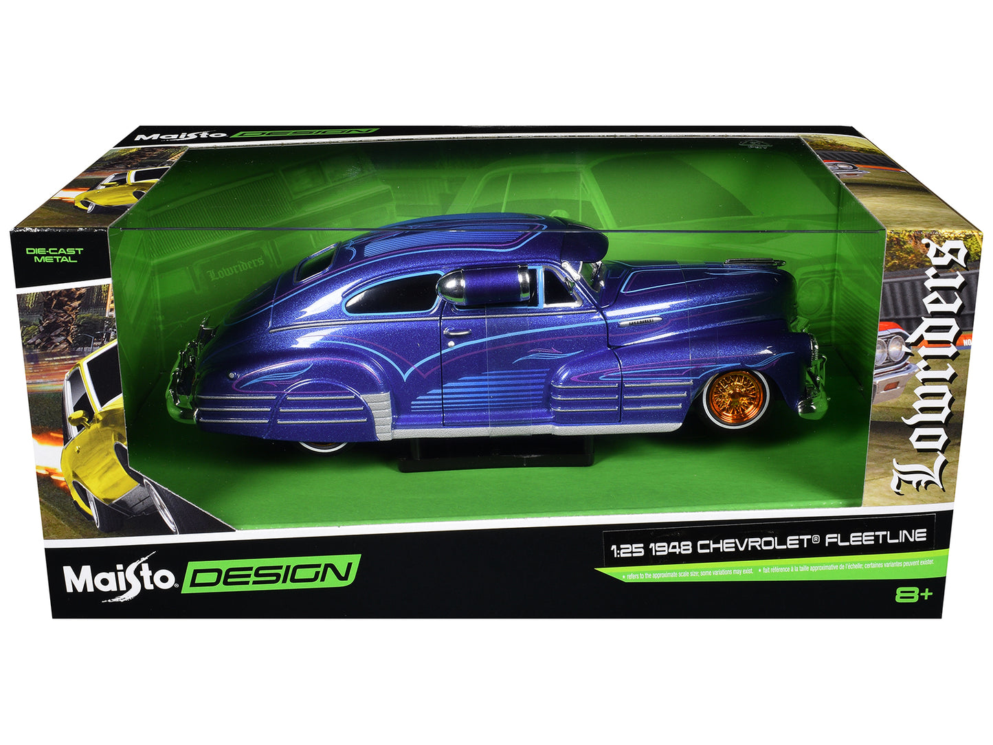 1948 Chevrolet Fleetline Lowrider Blue Metallic with Graphics "Maisto Design" Series 1/25 T&y Diecast Model Car by Maisto