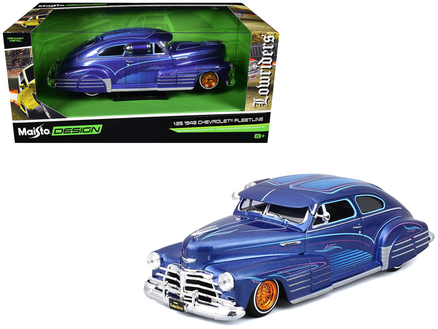 1948 Chevrolet Fleetline Lowrider Blue Metallic with Graphics "Maisto Design" Series 1/25 T&y Diecast Model Car by Maisto