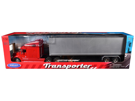 Freightliner Columbia Truck Red with Gray Container 1/32 T&y Diecast Model by Welly