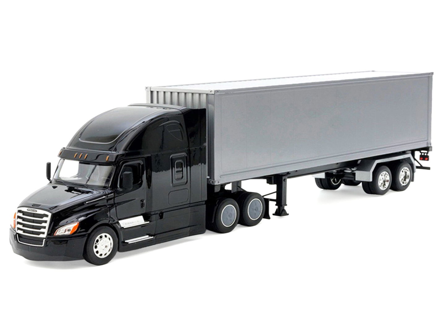 Freightliner Cascadia Truck Black with Silver Container "Transporter" Series 1/32 Diecast Model by Welly