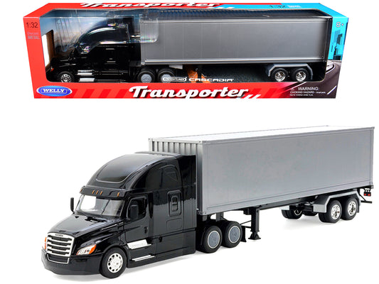 Freightliner Cascadia Truck Black with Silver Container "Transporter" Series 1/32 T&y Diecast Model by Welly