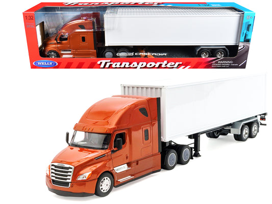 Freightliner Cascadia Truck Bronze Metallic with White Container "Transporter" Series 1/32 T&y Diecast Model by Welly