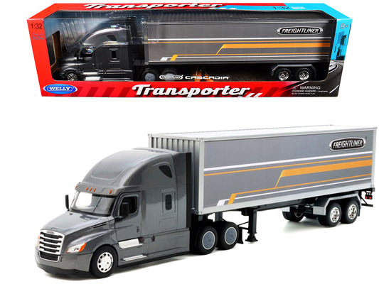 Freightliner Cascadia Truck Gray Metallic with Gray Container with Graphics "Transporter" Series 1/32 T&y Diecast Model by Welly