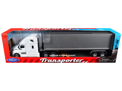 Freightliner Cascadia Truck White with Gray Container "Transporter" Series 1/32 T&y Diecast Model by Welly