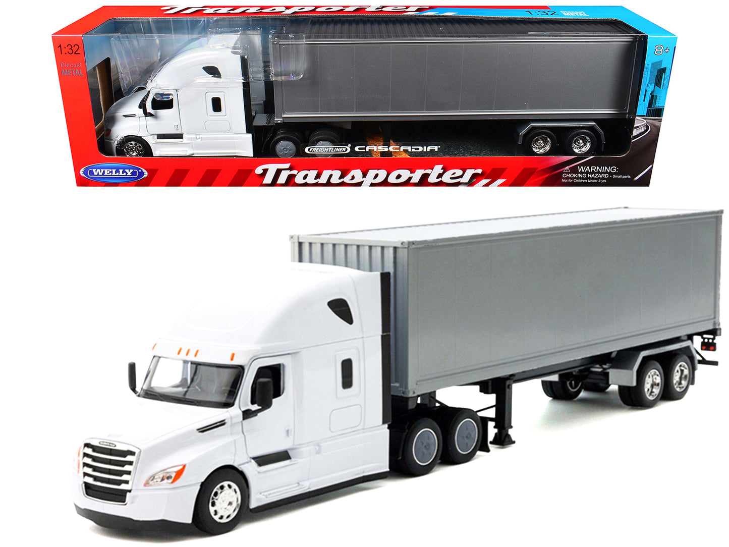 Freightliner Cascadia Truck White with Gray Container "Transporter" Series 1/32 T&y Diecast Model by Welly