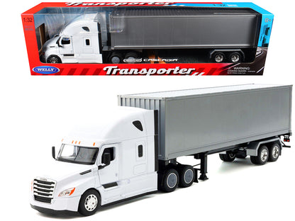 Freightliner Cascadia Truck White with Gray Container "Transporter" Series 1/32 T&y Diecast Model by Welly