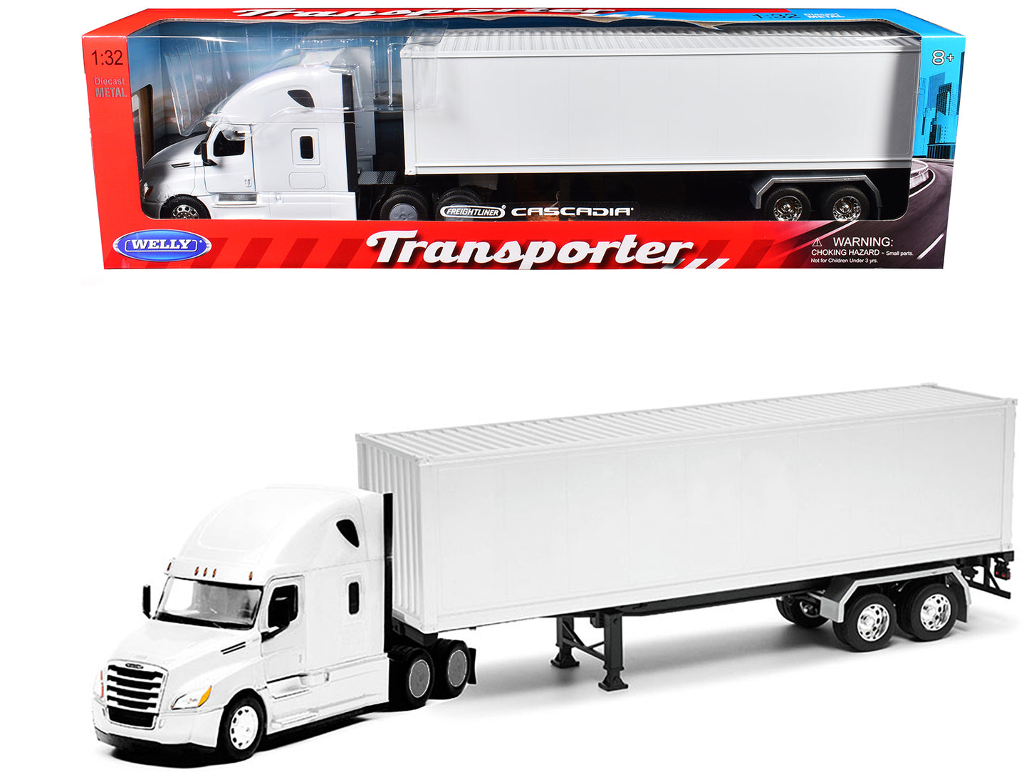 Freightliner Cascadia Truck White with White Container "Transporter" Series 1/32 T&y Diecast Model by Welly