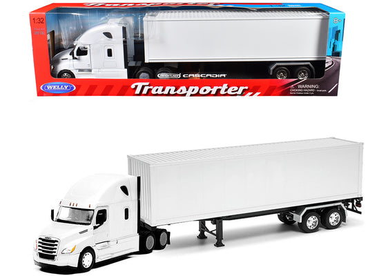 Freightliner Cascadia Truck White with White Container "Transporter" Series 1/32 T&y Diecast Model by Welly