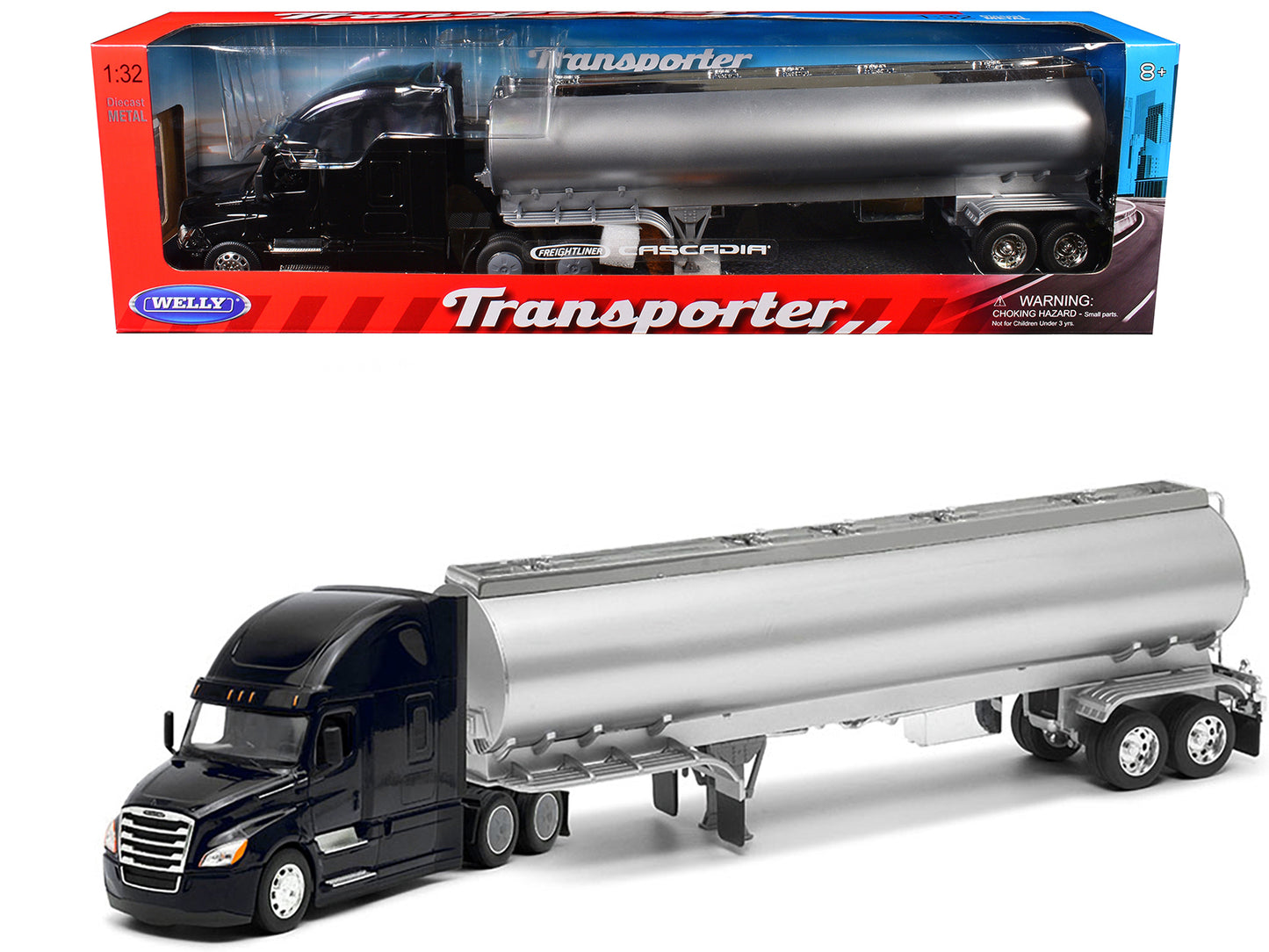 Freightliner Cascadia Truck Black with Silver Tanker Trailer "Transporter" Series 1/32 T&y Diecast Model by Welly