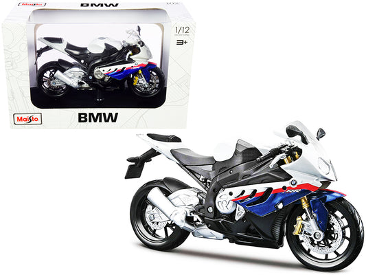BMW S 1000 RR White with Blue and Red Stripes 1/12 Diecast Motorcycle Model