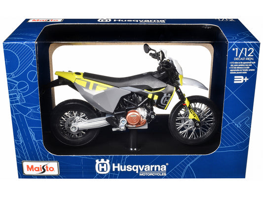 2023 Husqvarna 701 Supermoto Motorcycle Matt Black and Gray with Yellow and White Accents with Display Base 1/12 T&y Diecast Model by Maisto