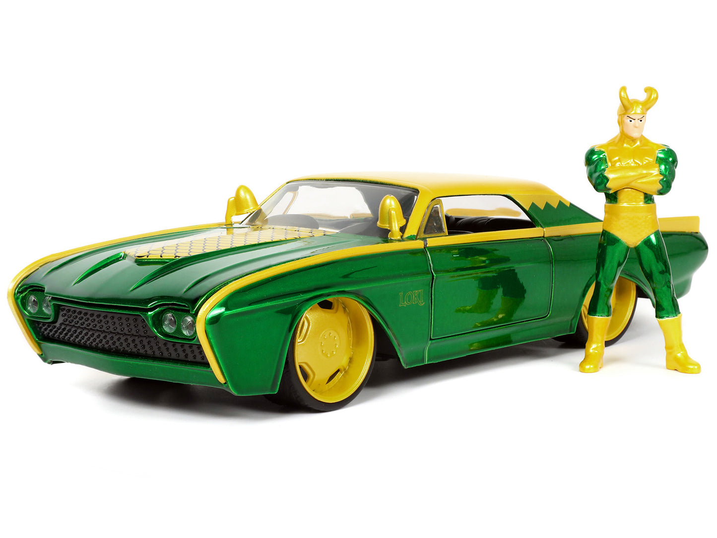 1963 Ford Thunderbird Green and Yellow Metallic with Hood Graphics Loki Diecast Figure "Loki" "Marvel" Series 1/24 Model Car by Jada <h2>1963 Jada</h2> <p>High-quality perfect for collectors enthusias
