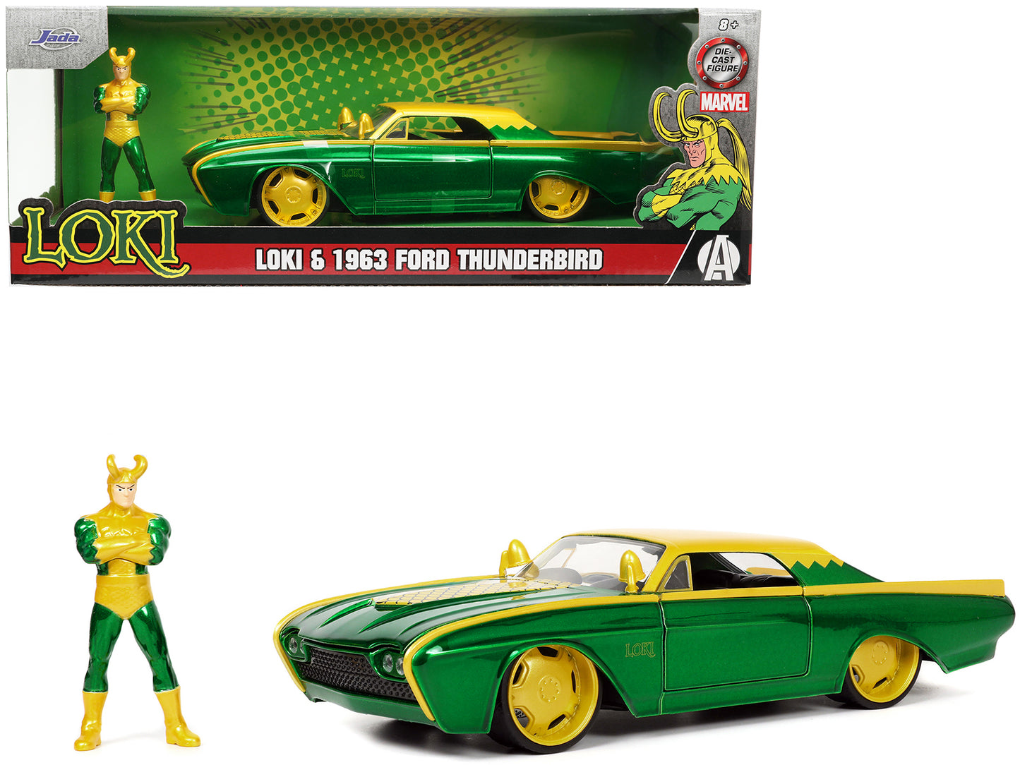 1963 Ford Thunderbird Green and Yellow Metallic with Hood Graphics Loki Diecast Figure "Loki" "Marvel" Series 1/24 Model Car by Jada <h2>1963 Jada</h2> <p>High-quality perfect for collectors enthusias