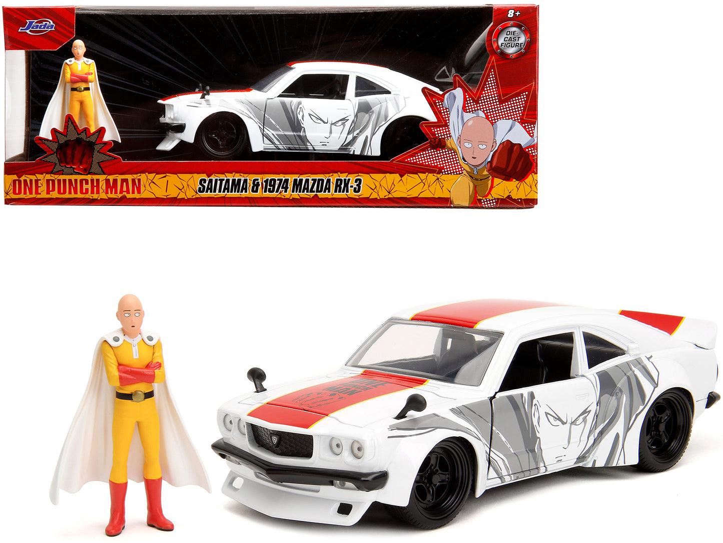 1974 Mazda RX-3 White with Red Stripe and Graphics Saitama Diecast Figure "One Punch Man" (2015-2019) TV Series 1/24 Model Car by Jada <h2>1974 Jada</h2> <p>High-quality perfect for collectors enthusi