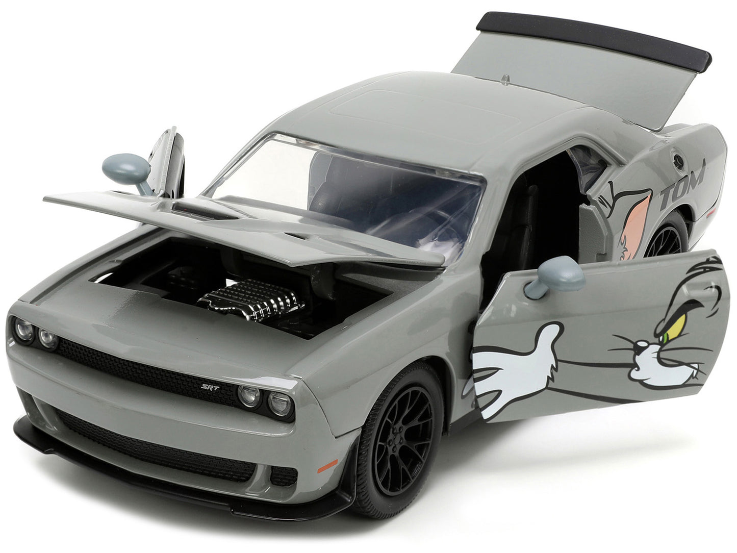 2015 Dodge Challenger Hellcat Gray with "Tom" Graphics and Jerry T&y Diecast Figure "Tom and Jerry" "Hollywood Rides" Series 1/24 T&y Diecast Model Car by Jada
