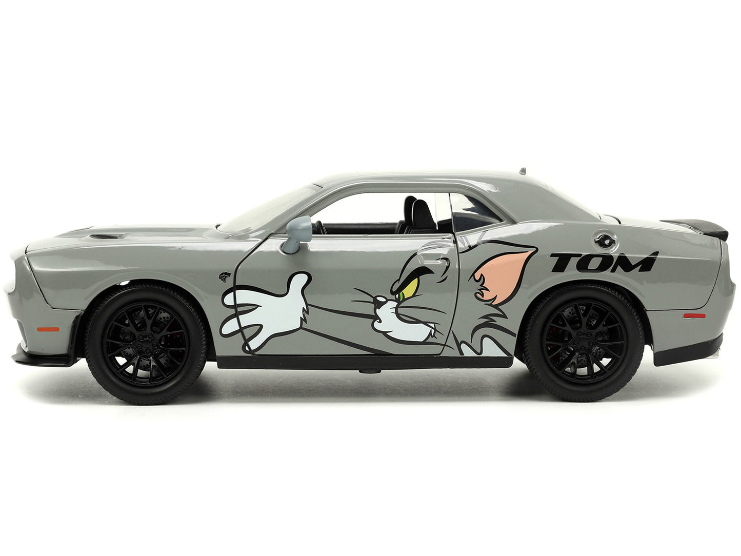 2015 Dodge Challenger Hellcat Gray with "Tom" Graphics and Jerry T&y Diecast Figure "Tom and Jerry" "Hollywood Rides" Series 1/24 T&y Diecast Model Car by Jada