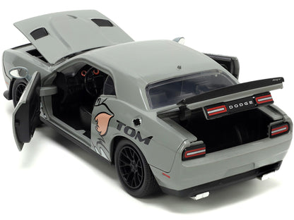 2015 Dodge Challenger Hellcat Gray with "Tom" Graphics and Jerry T&y Diecast Figure "Tom and Jerry" "Hollywood Rides" Series 1/24 T&y Diecast Model Car by Jada